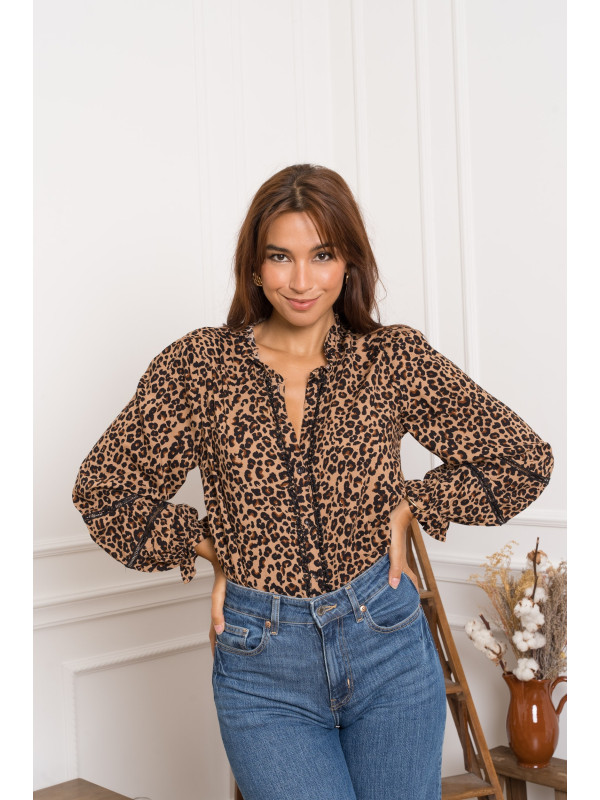 Chemise manches longues col frou-frou imprimé léopard