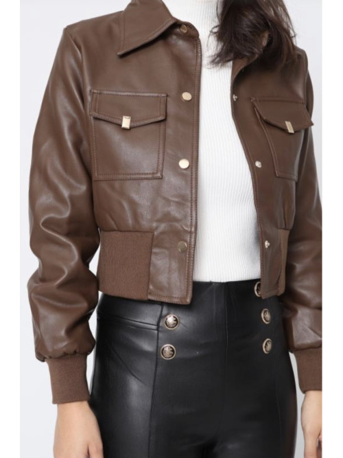 Blouson cropped simili cuir esprit vintage