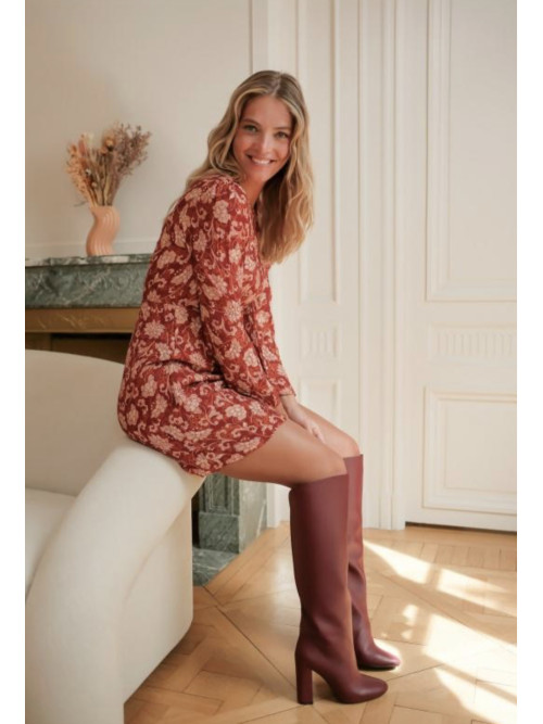Robe courte imprimée manches longues col rond