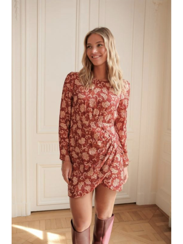 Robe courte imprimée manches longues col rond