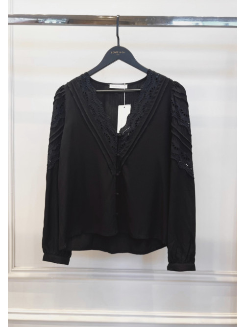 Chemise col V manches longues unie avec broderie anglaise