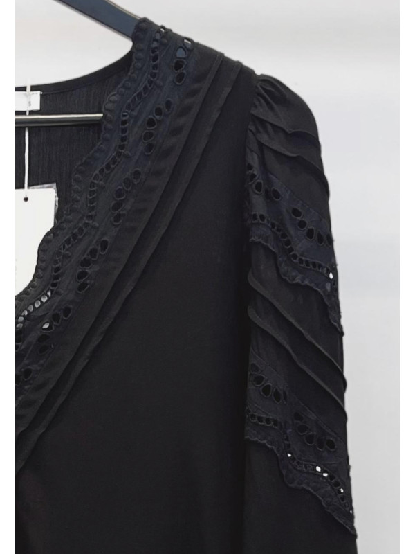 Chemise col V manches longues unie avec broderie anglaise