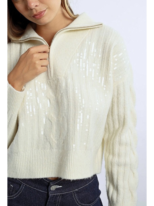 Pull crop col camionneur avec sequins