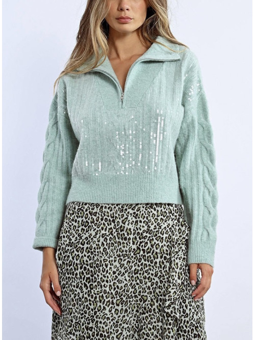 Pull crop col camionneur avec sequins