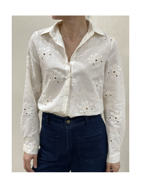 Chemise brodée fleurs et mini sequins dorés manches longues