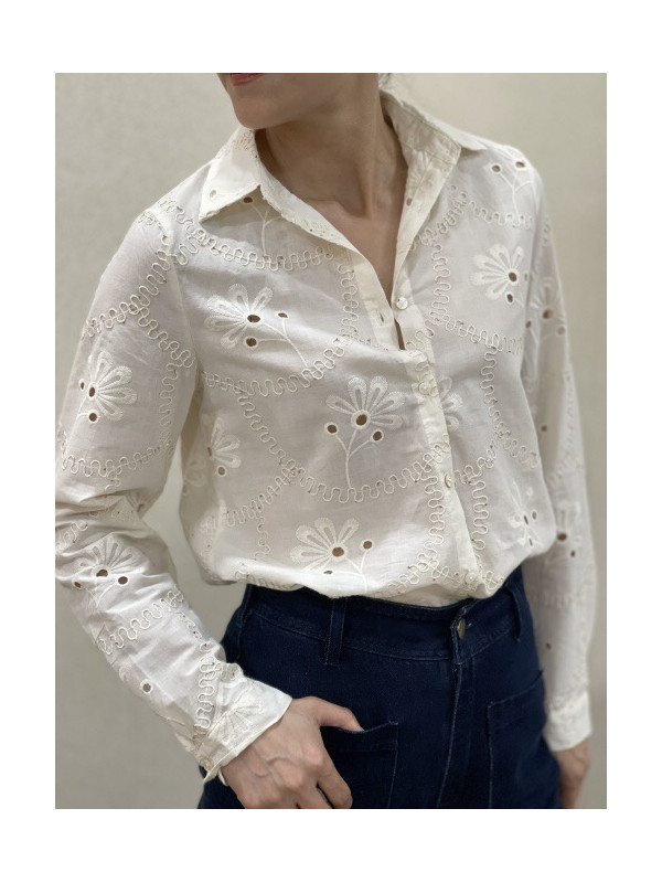 Chemise brodée fleurs et mini sequins dorés manches longues
