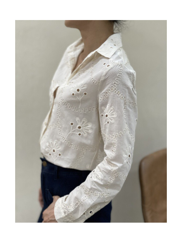 Chemise brodée fleurs et mini sequins dorés manches longues