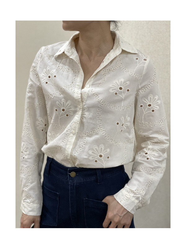 Chemise brodée fleurs et mini sequins dorés manches longues