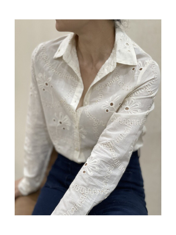 Chemise brodée fleurs et mini sequins dorés manches longues