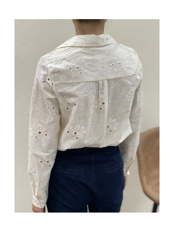 Chemise brodée fleurs et mini sequins dorés manches longues