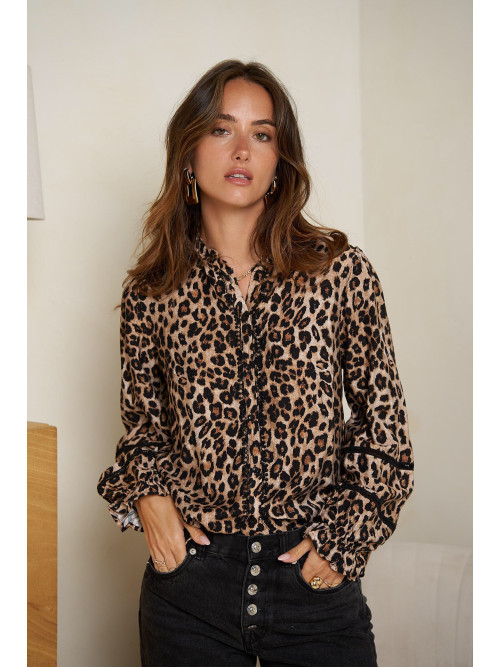 Chemise manches longues col frou-frou imprimé léopard
