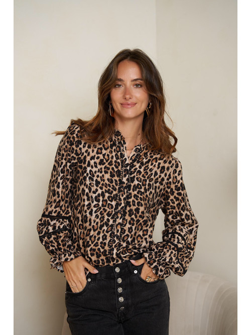 Chemise manches longues col frou-frou imprimé léopard