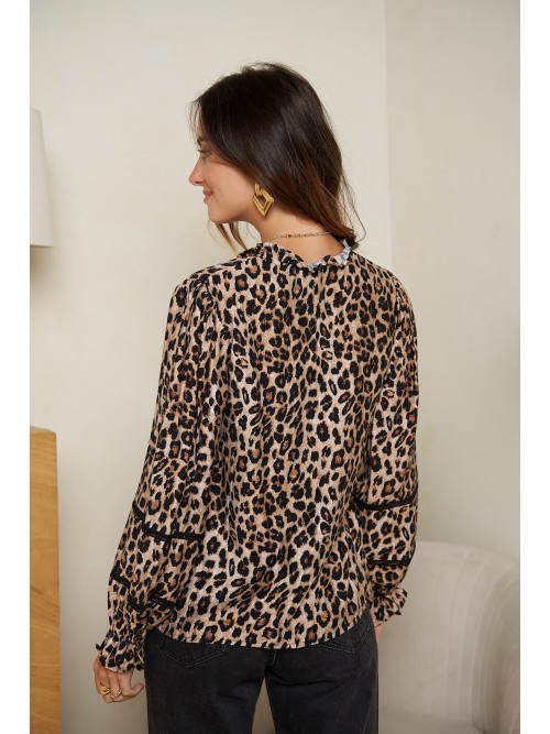 Chemise manches longues col frou-frou imprimé léopard