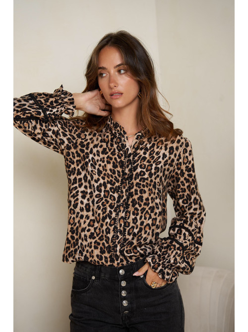 Chemise manches longues col frou-frou imprimé léopard