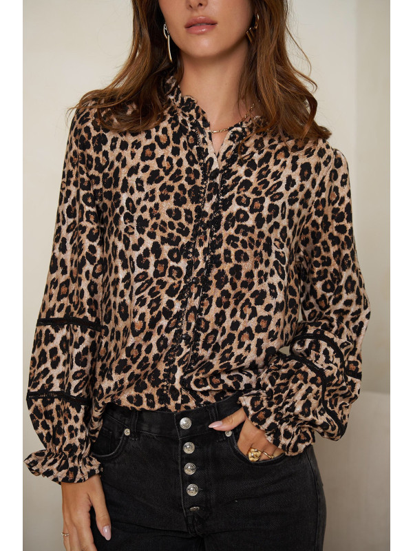 Chemise manches longues col frou-frou imprimé léopard