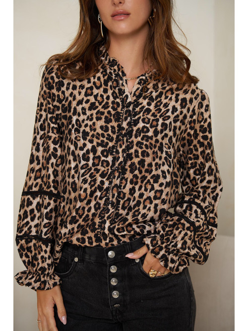 Chemise manches longues col frou-frou imprimé léopard