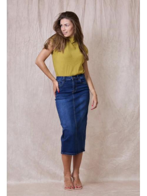 Jupe droite longue en jean stretch fendue derrière