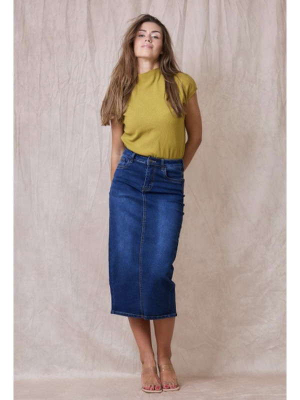 Jupe droite longue en jean stretch fendue derrière