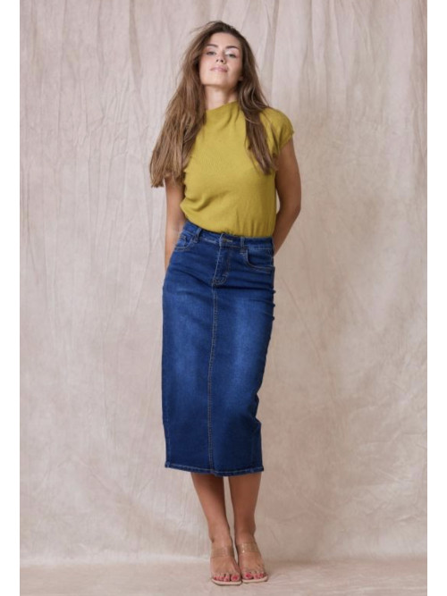 Jupe droite longue en jean stretch fendue derrière