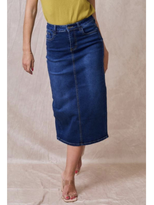 Jupe droite longue en jean stretch fendue derrière