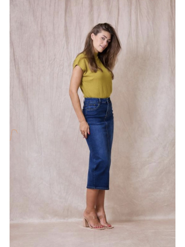 Jupe droite longue en jean stretch fendue derrière
