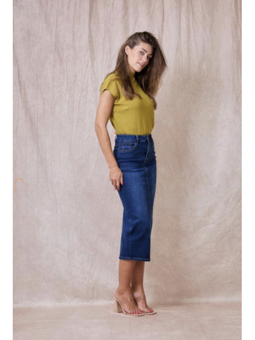 Jupe droite longue en jean stretch fendue derrière