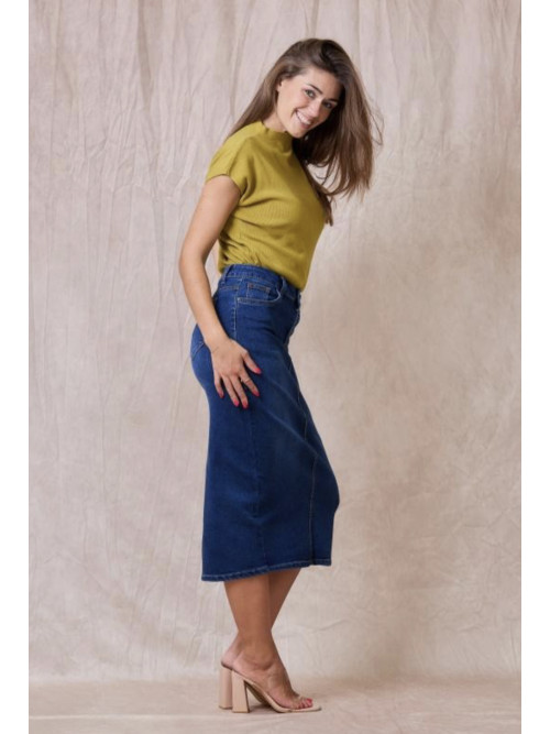 Jupe droite longue en jean stretch fendue derrière