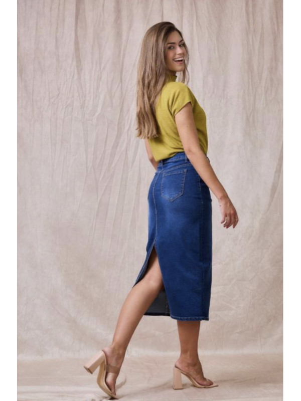 Jupe droite longue en jean stretch fendue derrière