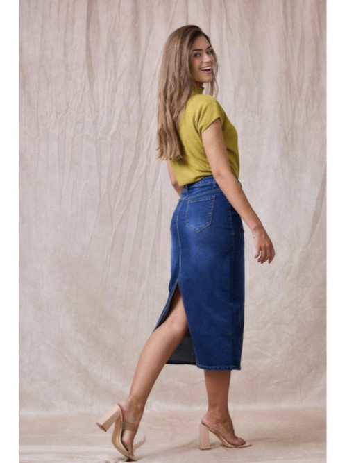 Jupe droite longue en jean stretch fendue derrière