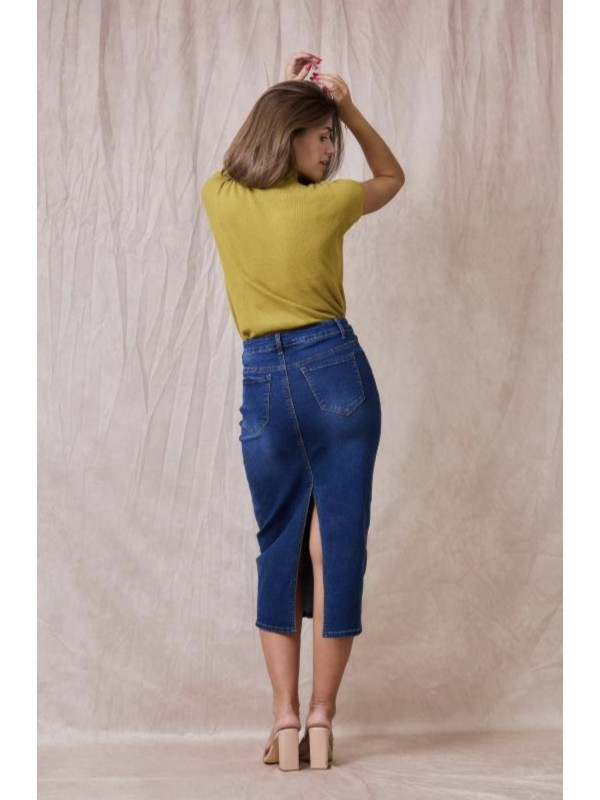 Jupe droite longue en jean stretch fendue derrière