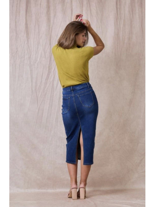 Jupe droite longue en jean stretch fendue derrière