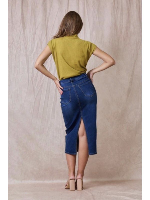 Jupe droite longue en jean stretch fendue derrière