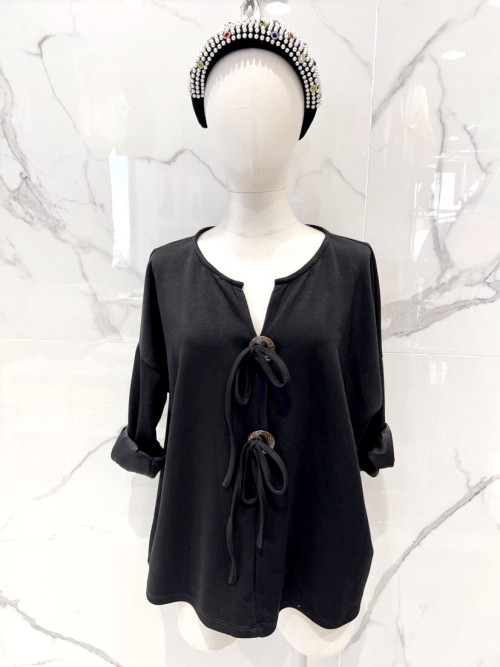 Top oversized col tunisien gros boutons bois avec nouette