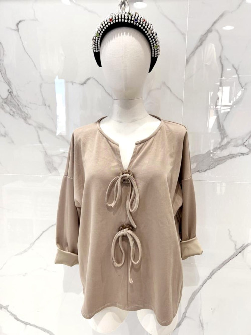 Top oversized col tunisien gros boutons bois avec nouette