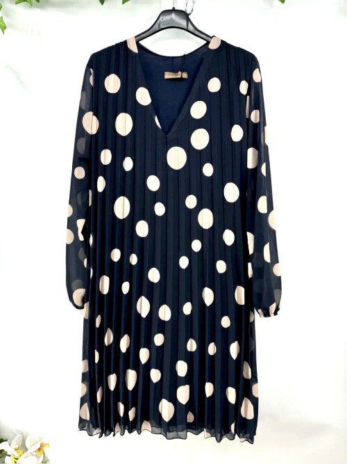 Robe courte plissée imprimé pois col V manches longues