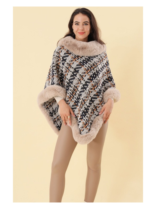Poncho en tweed écossais avec col et bas en fourrure végane