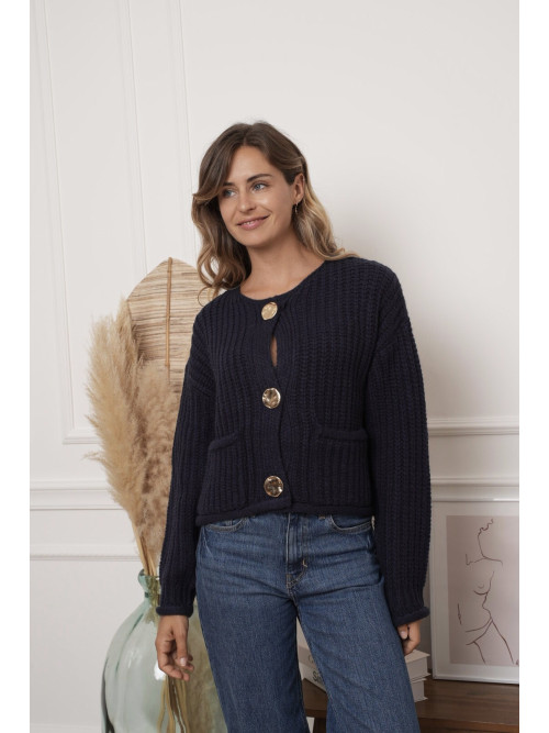 Gilet cropped manches longues gros boutons dorés martelés