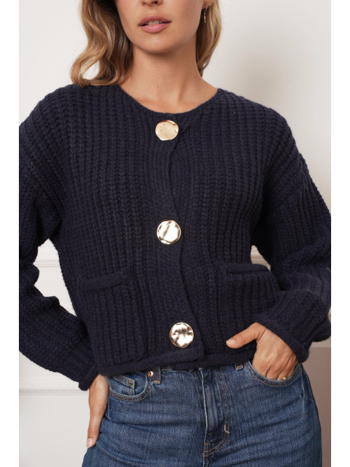 Gilet cropped manches longues gros boutons dorés martelés