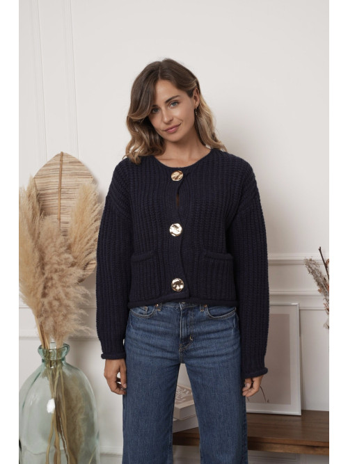 Gilet cropped manches longues gros boutons dorés martelés