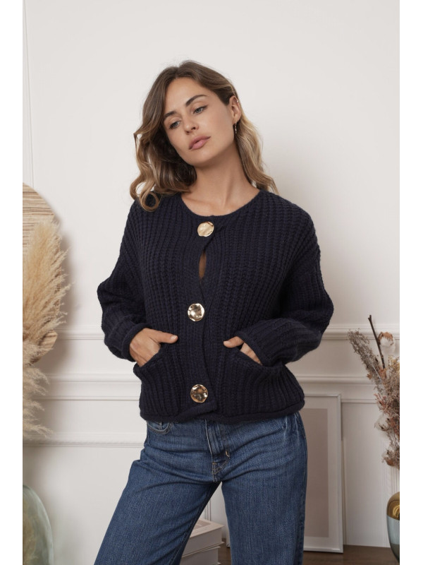 Gilet cropped manches longues gros boutons dorés martelés