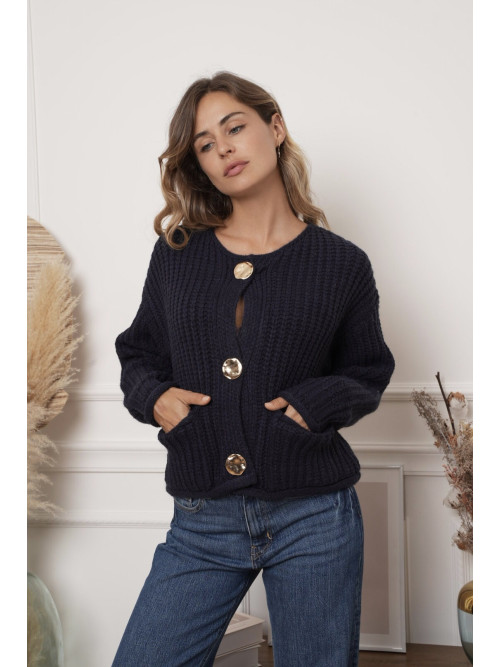 Gilet cropped manches longues gros boutons dorés martelés