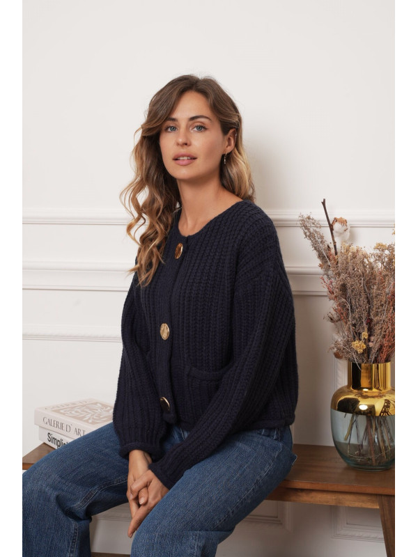 Gilet cropped manches longues gros boutons dorés martelés