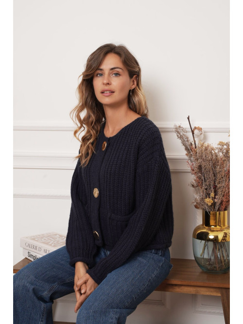 Gilet cropped manches longues gros boutons dorés martelés