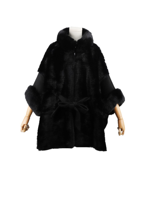 Poncho uni ceinturé avec col et bord en fourrure écologique