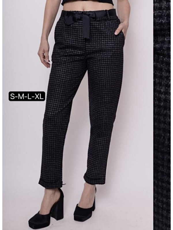 Pantalon slim carreaux métallisés à taille élastiquée et lien ruban