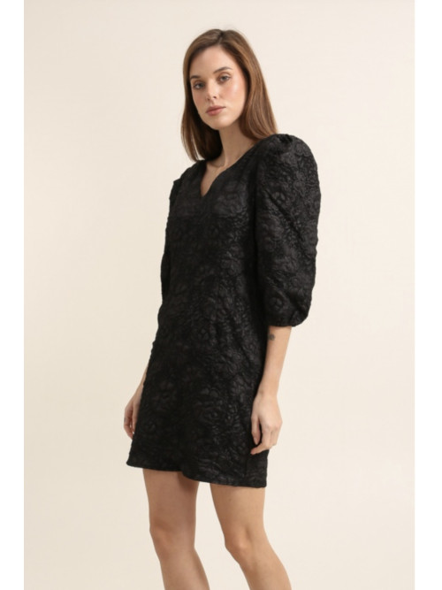 Robe courte col V motifs fleurs satinées