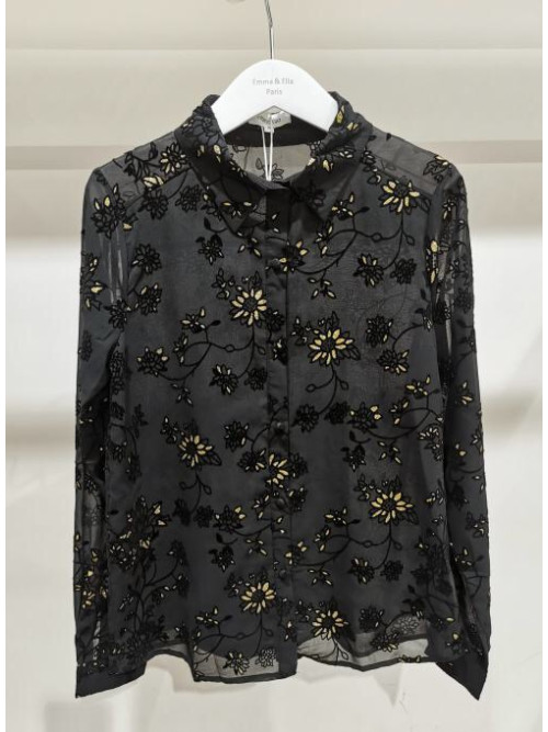 Chemise voilage manches longues fleurs velours et paillettes