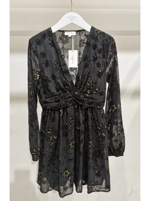 Robe courte en voilage avec fleurs velours et paillettes