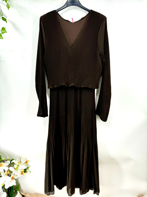 Robe col V manches longues plissée effet blousant à la taille