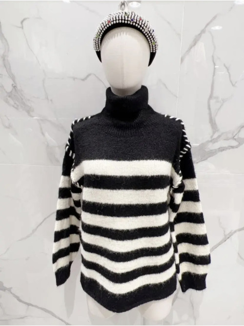 Pull col roulé marinière droit